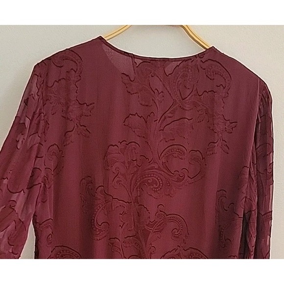St John Vintage Maroon Silk Blend Button Up Blouse 12 Long Puff Sleeve Crewneck - Picture 3 of 11
